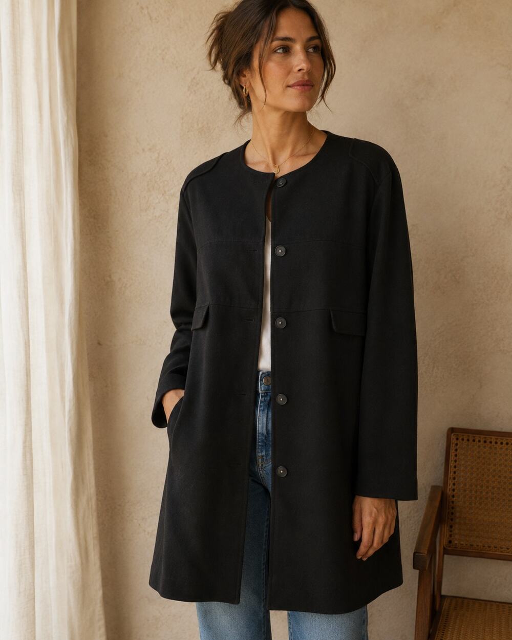 Chico's Coat Womens 3 XL Black Snap Front Collarless Long Jacket Minimalist